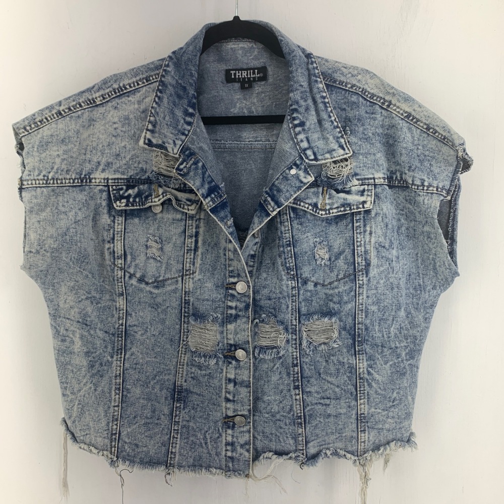 Thrill Jeans Womens 1X Acid Wash Distressed Denim Vest Sleeveless Grunge Punk